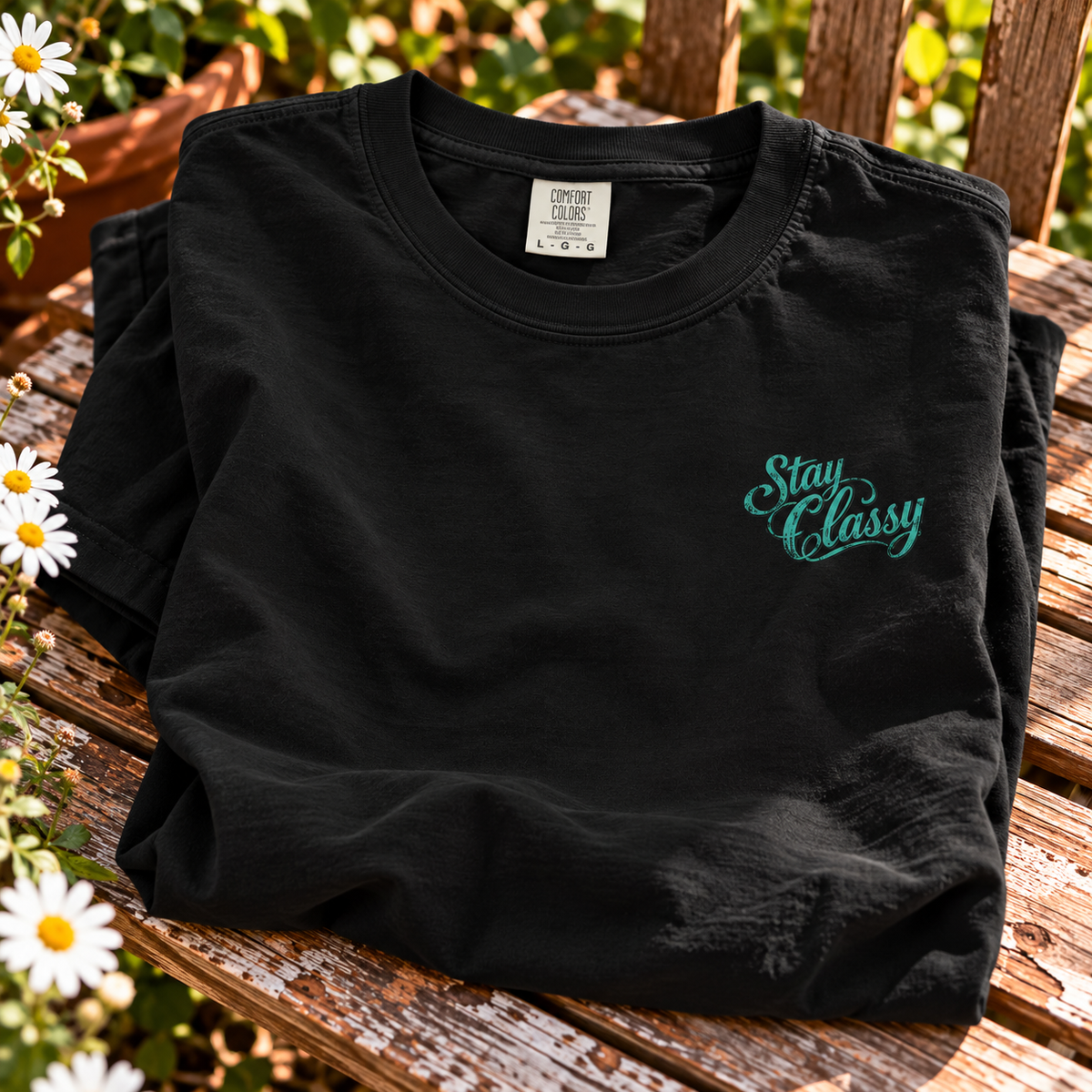 Comfort Colors cowgirl tee with sunflowers and turquoise Stay Classy script by Blue Collar Trash
