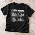 Earth Movers kids construction shirt with dozer, excavator, skid steer and loader blueprint graphic
