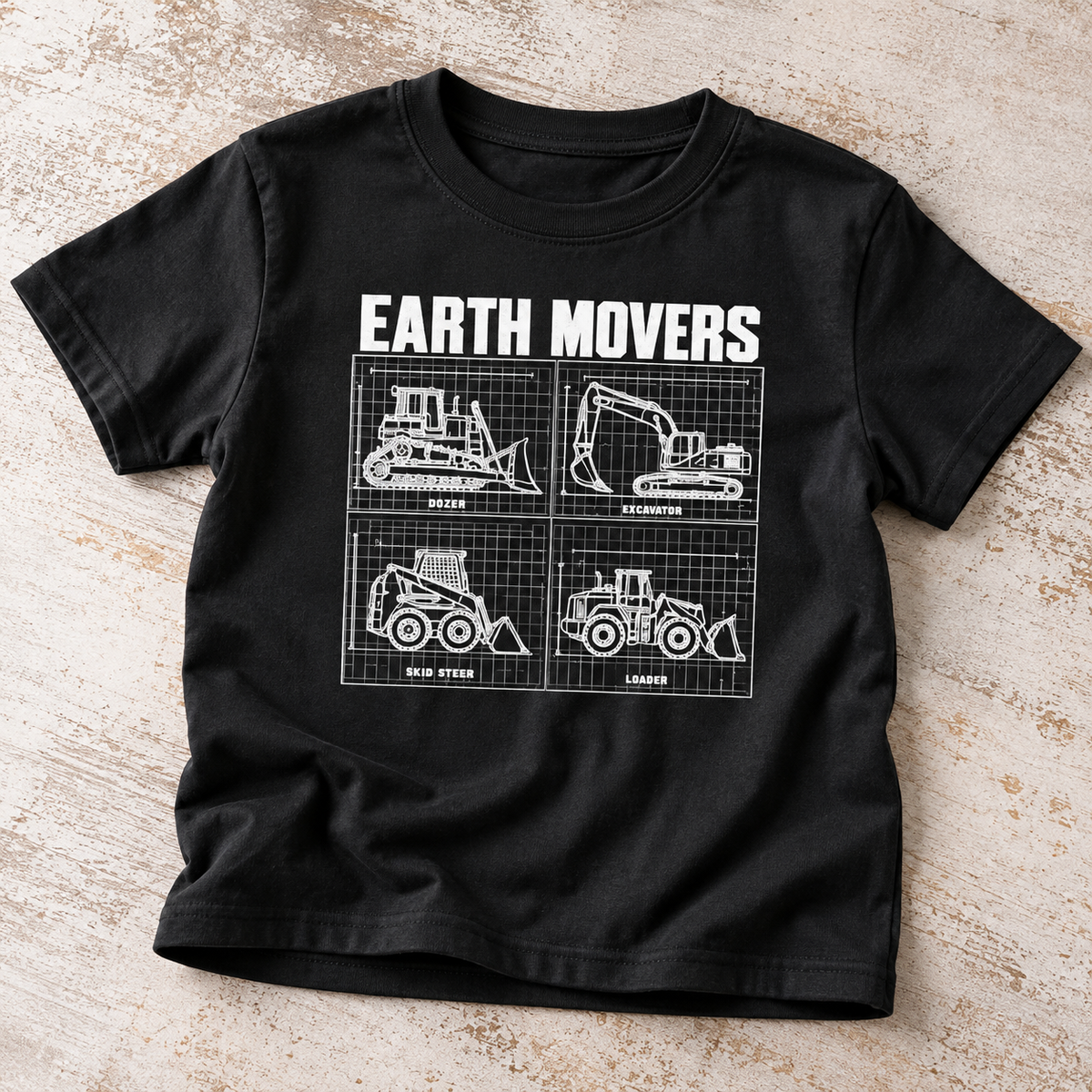 Earth Movers kids construction shirt with dozer, excavator, skid steer and loader blueprint graphic