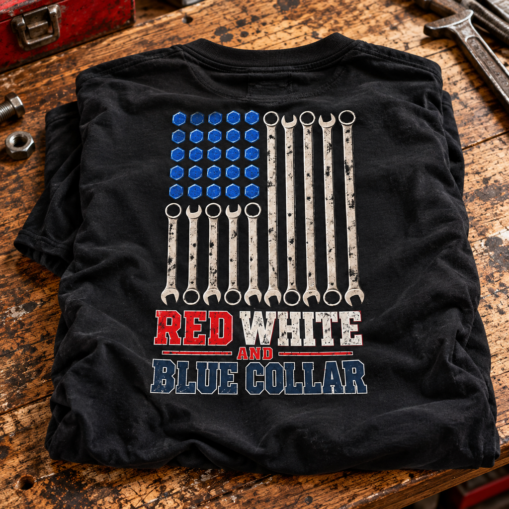 Patriotic mechanic tee with wrench flag by Blue Collar Trash