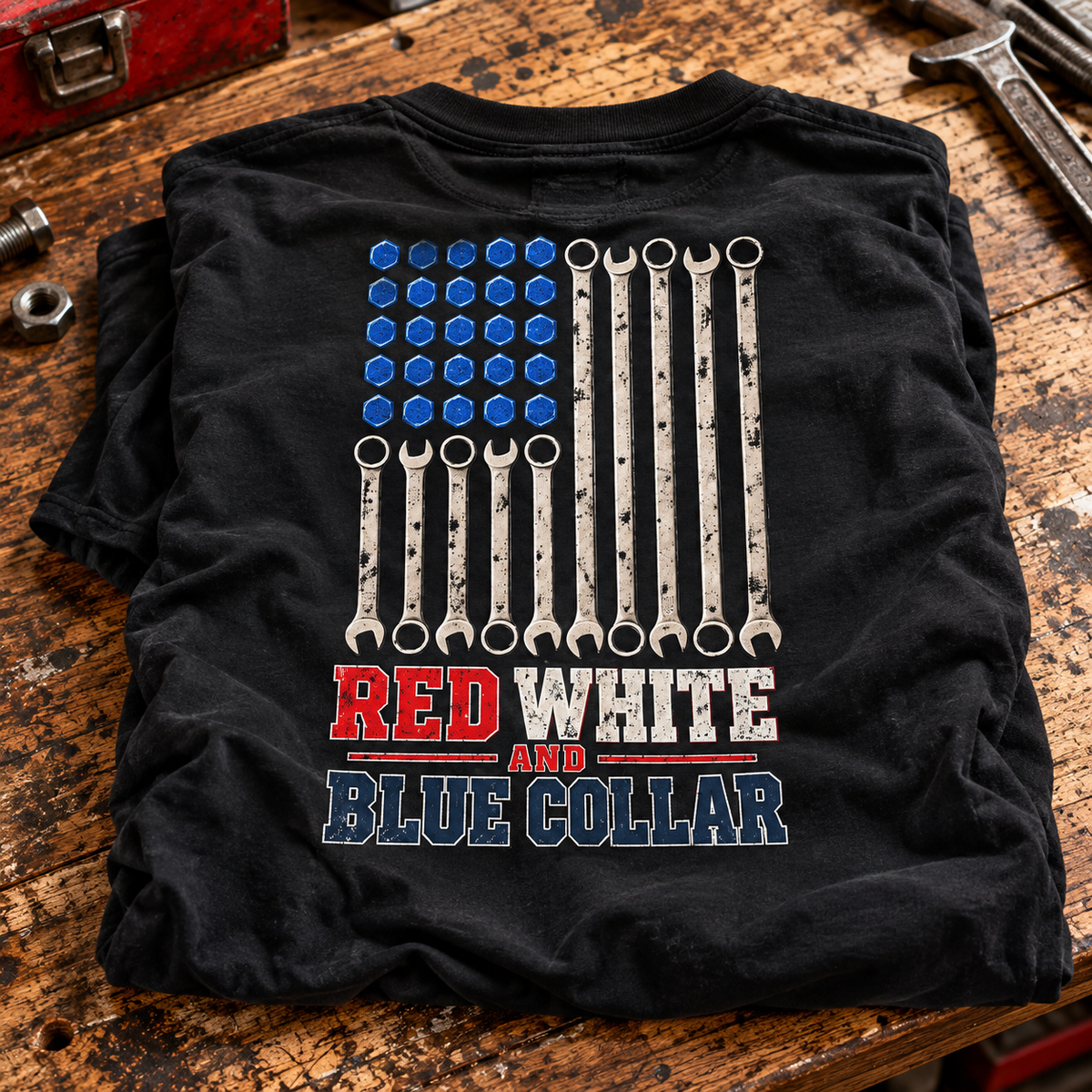 Patriotic mechanic tee with wrench flag by Blue Collar Trash