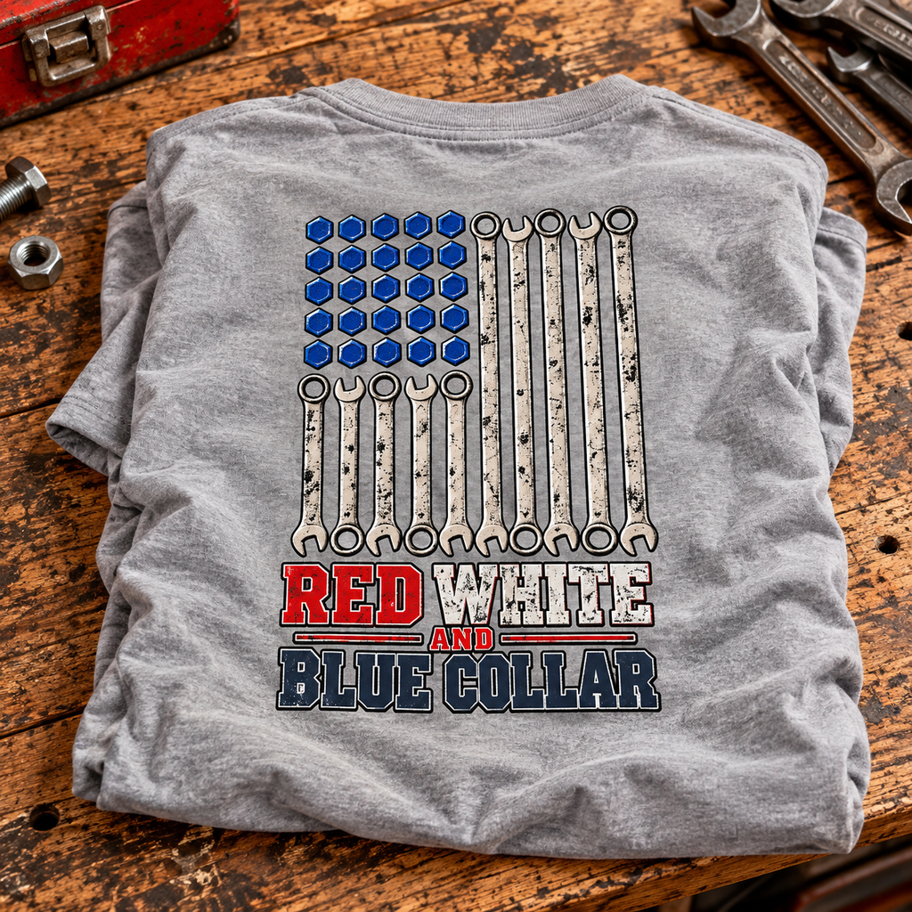 Red White and Blue Collar shirt with American flag made of wrenches and hex nuts back print