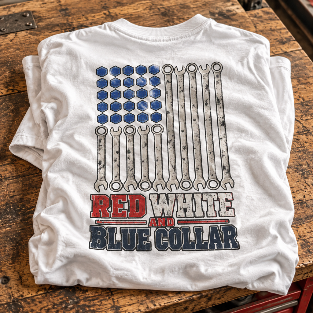 Red White and Blue Collar shirt with American flag made of wrenches and hex nuts back print