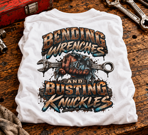 Bending Wrenches and Busting Knuckles mechanic shirt with greasy fist gripping a wrench back print