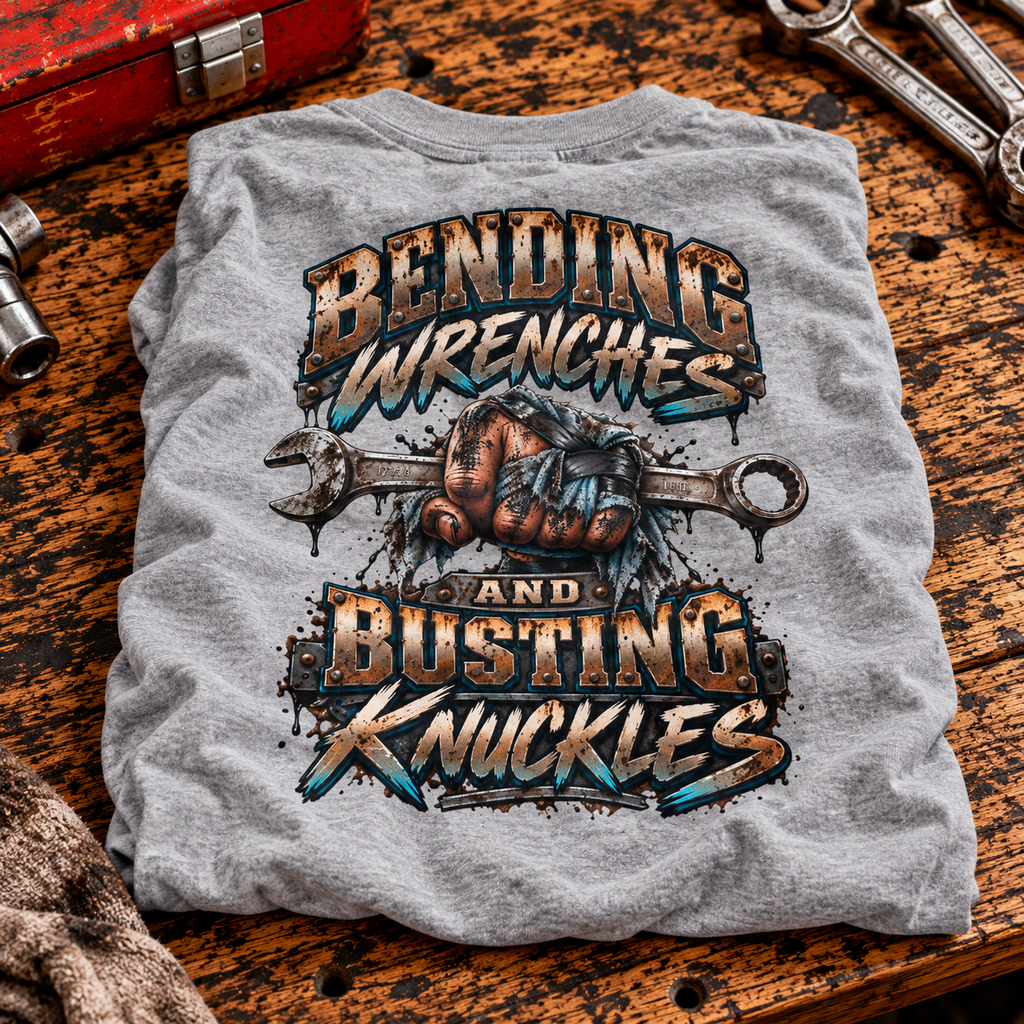 Bending Wrenches and Busting Knuckles mechanic shirt with greasy fist gripping a wrench back print