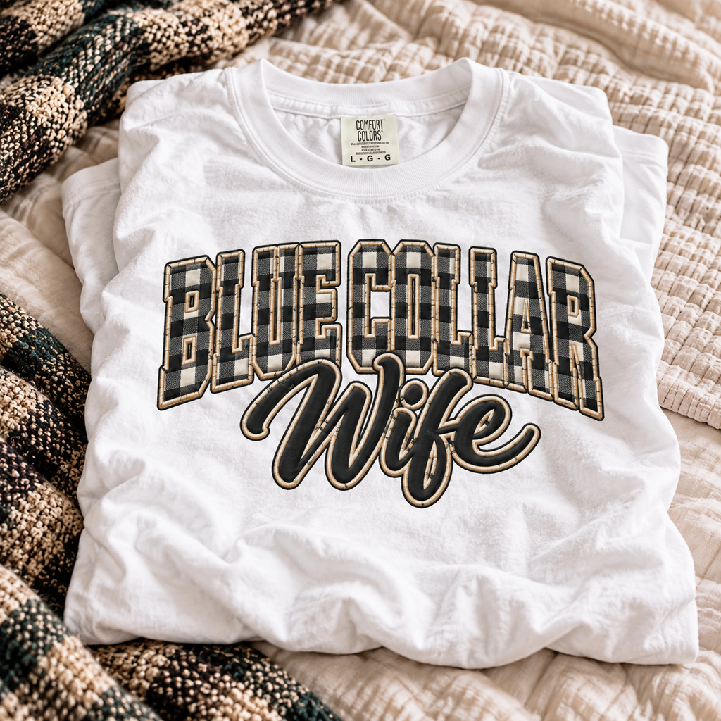 Blue Collar Wife shirt with buffalo plaid varsity letters and Wife script on a Comfort Colors tee