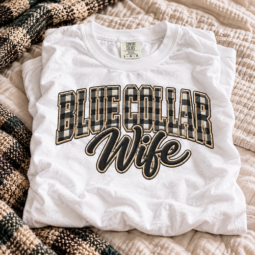 Blue Collar Wife shirt with buffalo plaid varsity letters and Wife script on a Comfort Colors tee