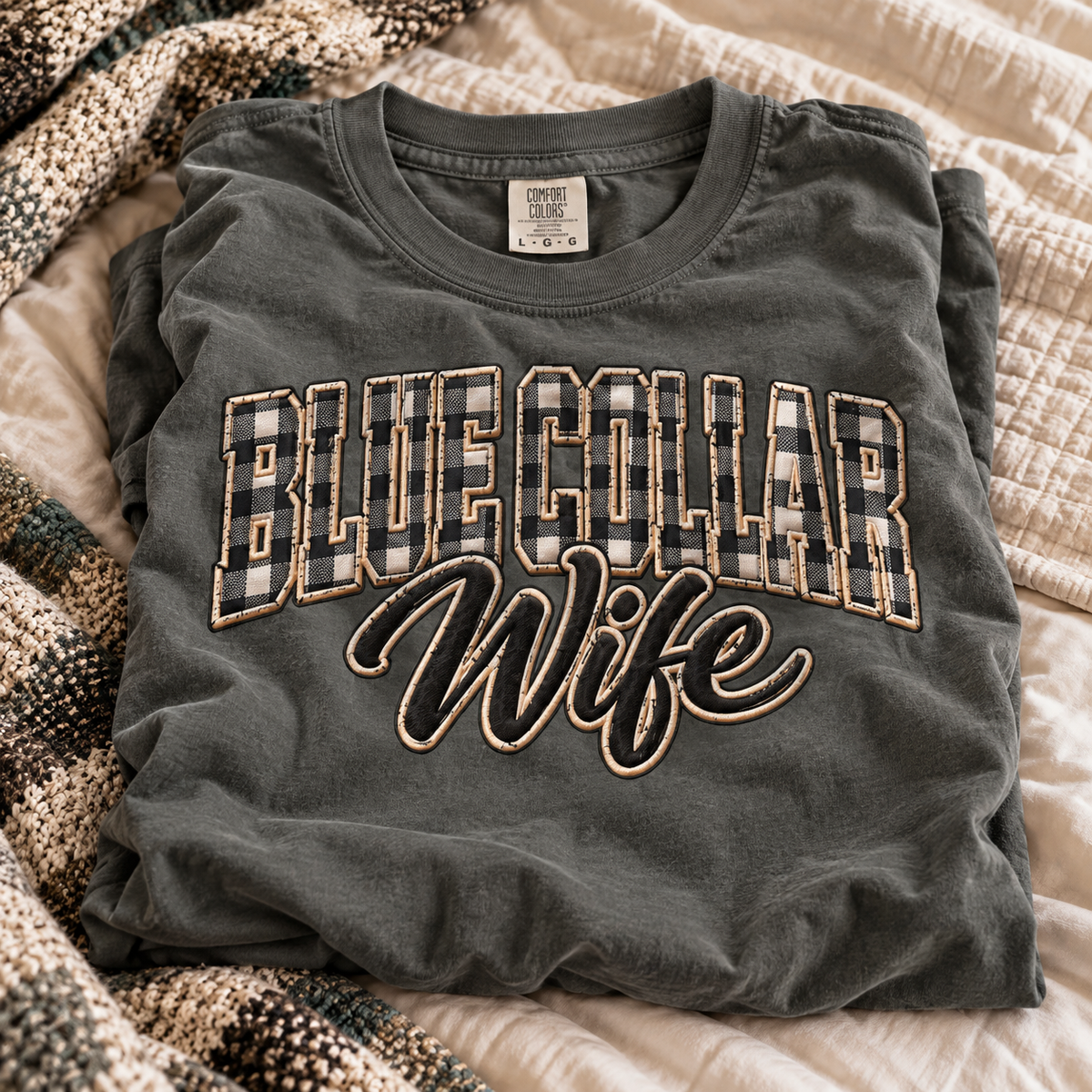 Blue Collar Wife shirt with buffalo plaid varsity letters and Wife script on a Comfort Colors tee