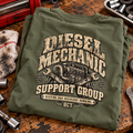 Diesel Mechanic Support Group shirt with turbo diesel engine and crossed wrenches back print