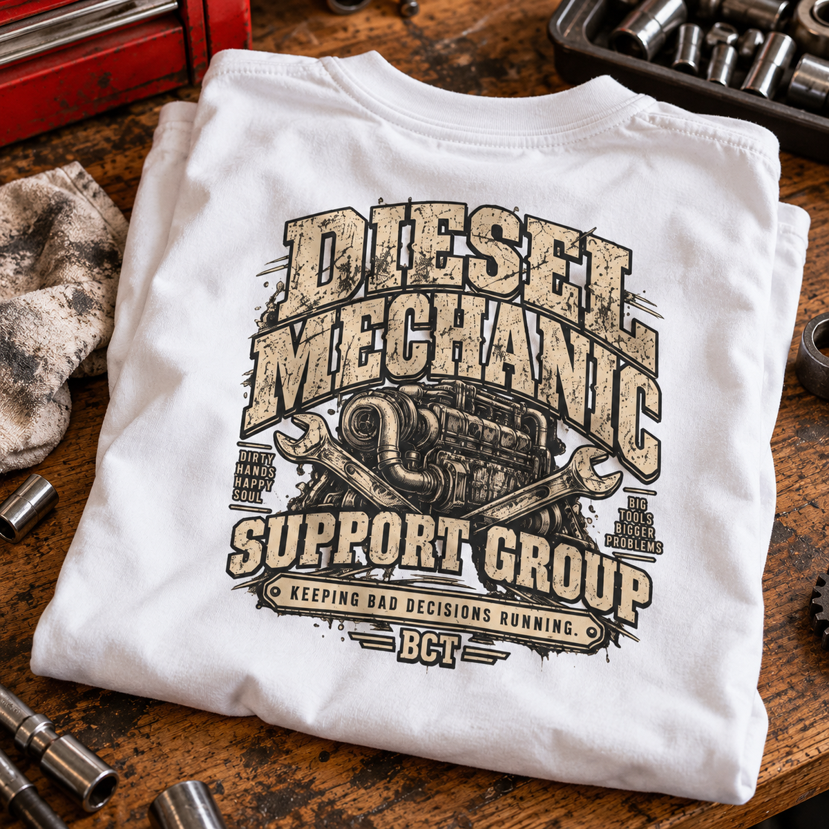 Diesel Mechanic Support Group shirt with turbo diesel engine and crossed wrenches back print