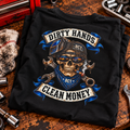Dirty Hands Clean Money shirt with skull in welding hood and crossed wrenches back print