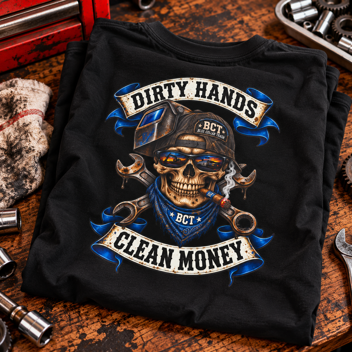 Dirty Hands Clean Money shirt with skull in welding hood and crossed wrenches back print