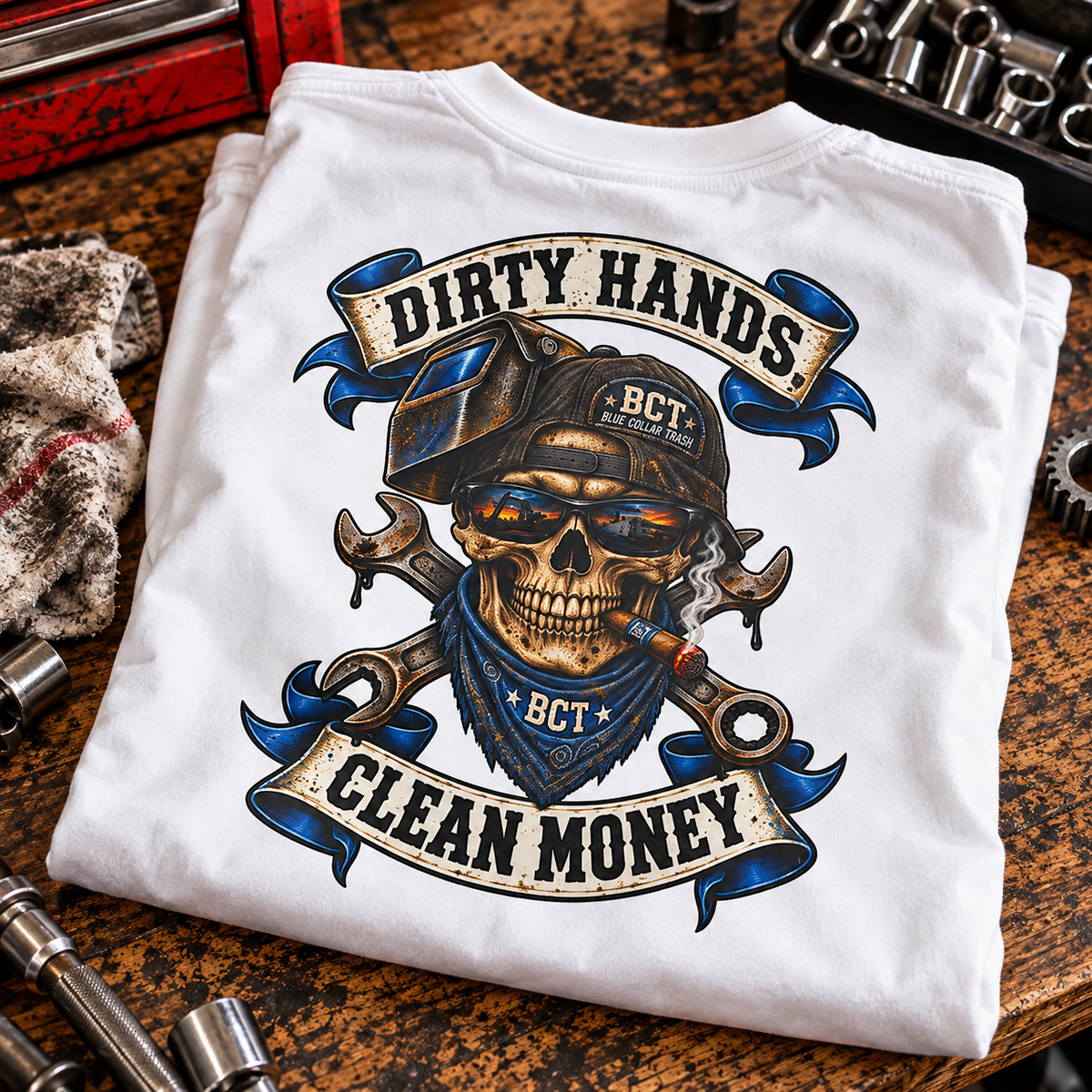 Dirty Hands Clean Money shirt with skull in welding hood and crossed wrenches back print