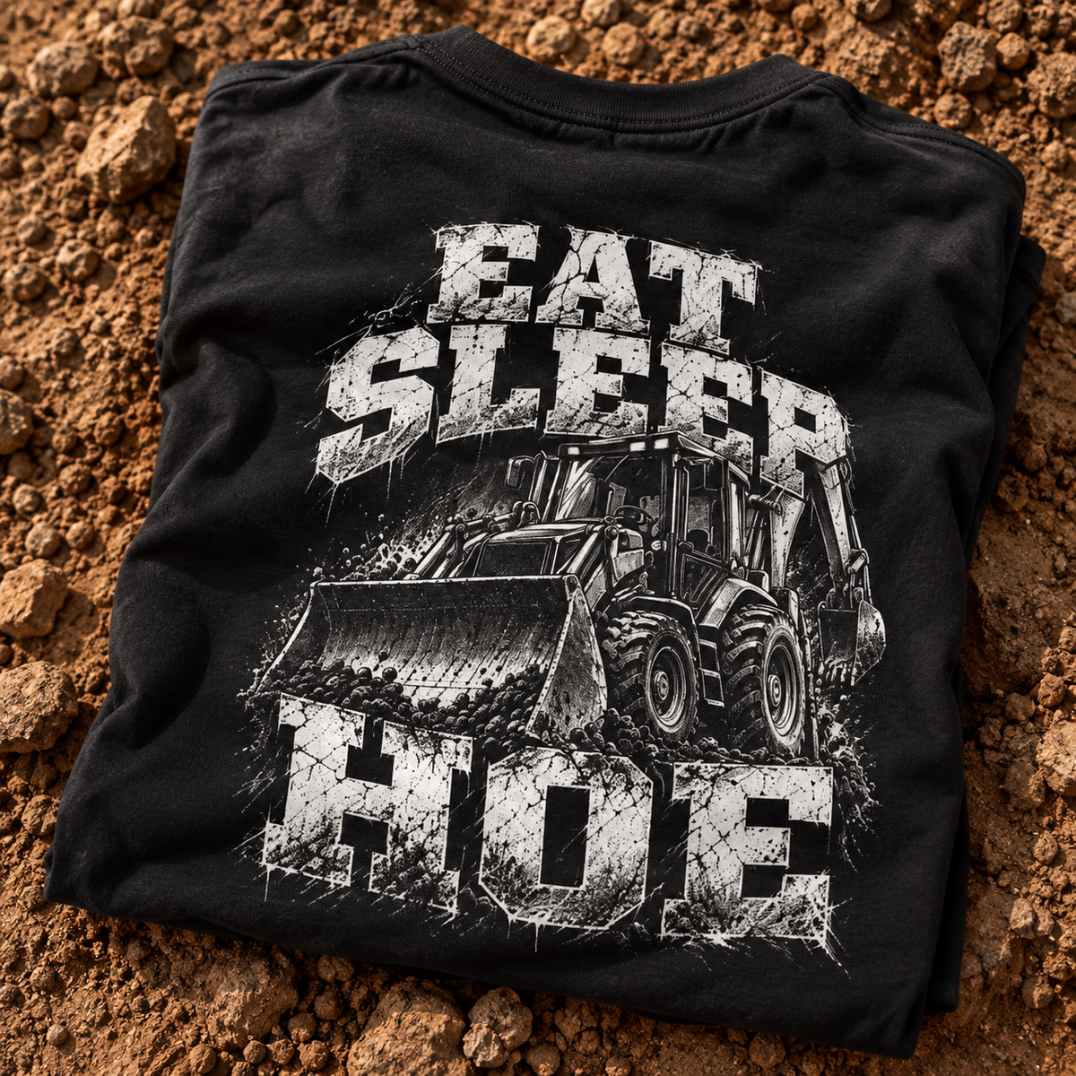 Eat Sleep Hoe backhoe operator shirt with distressed backhoe graphic back print on black tee
