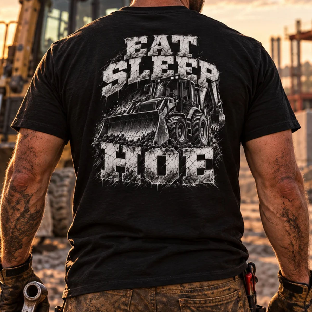 Eat Sleep Hoe backhoe operator shirt with distressed backhoe graphic back print on black tee