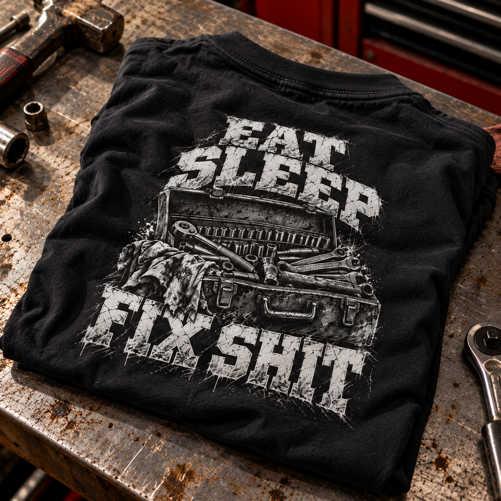 Eat Sleep Fix Sh*t mechanic shirt with distressed toolbox graphic back print on black tee