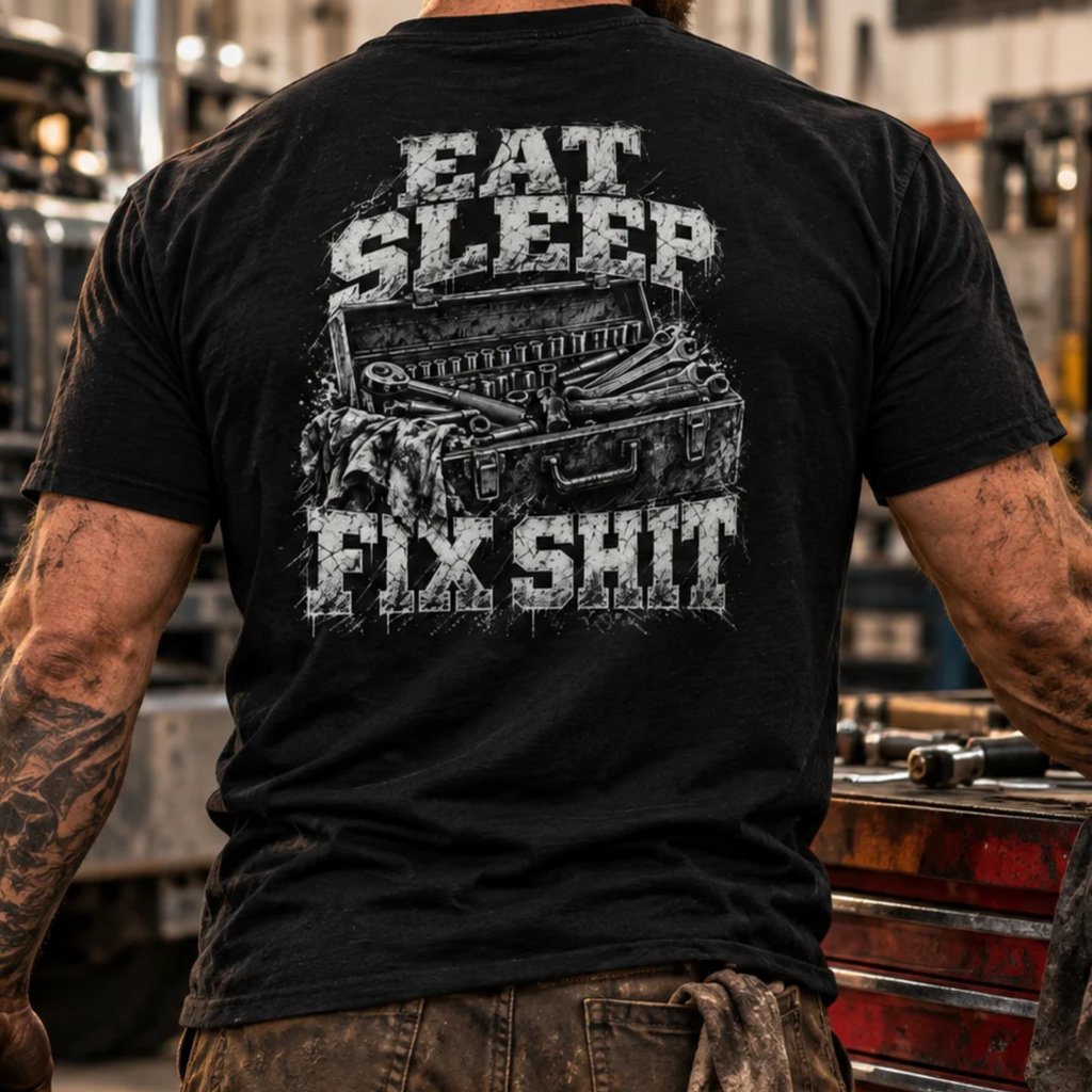 Eat Sleep Fix Sh*t mechanic shirt with distressed toolbox graphic back print on black tee