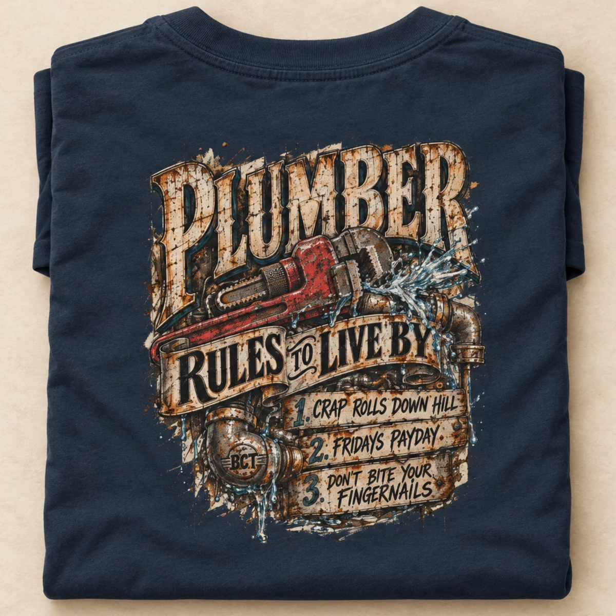 Plumber Rules to Live By shirt with pipe wrench, leaking pipes and three funny plumber rules back print