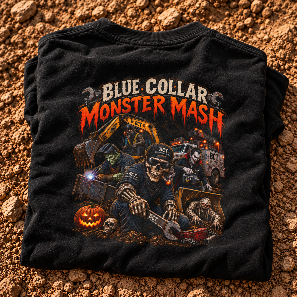 Blue Collar Monster Mash Halloween shirt with skeleton mechanic, Frankenstein welder, mummy and Dracula on a job site back print