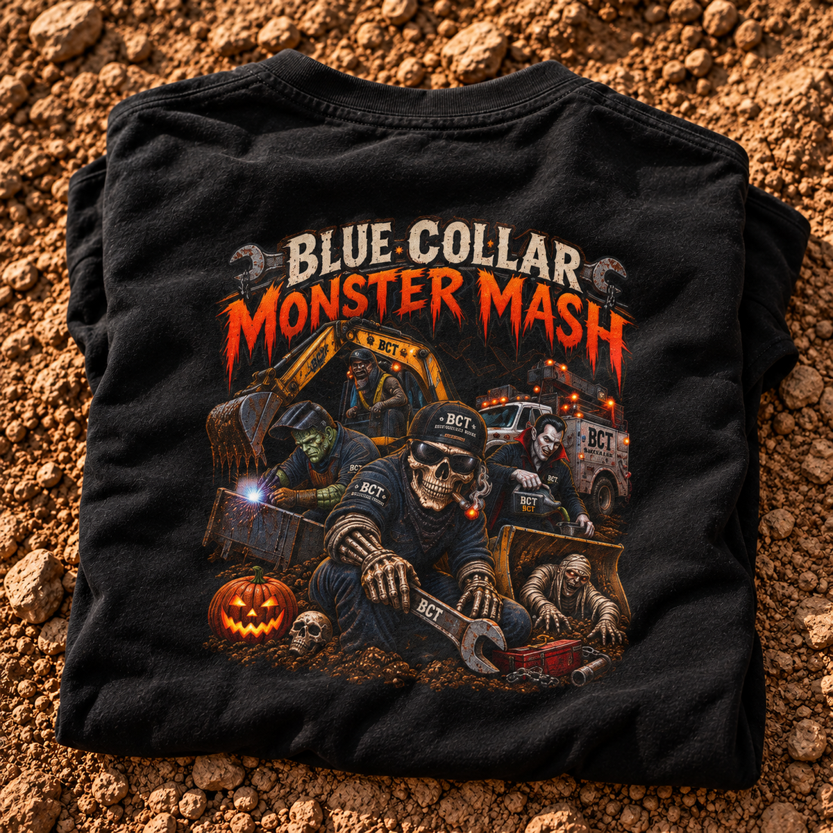 Blue Collar Monster Mash Halloween shirt with skeleton mechanic, Frankenstein welder, mummy and Dracula on a job site back print
