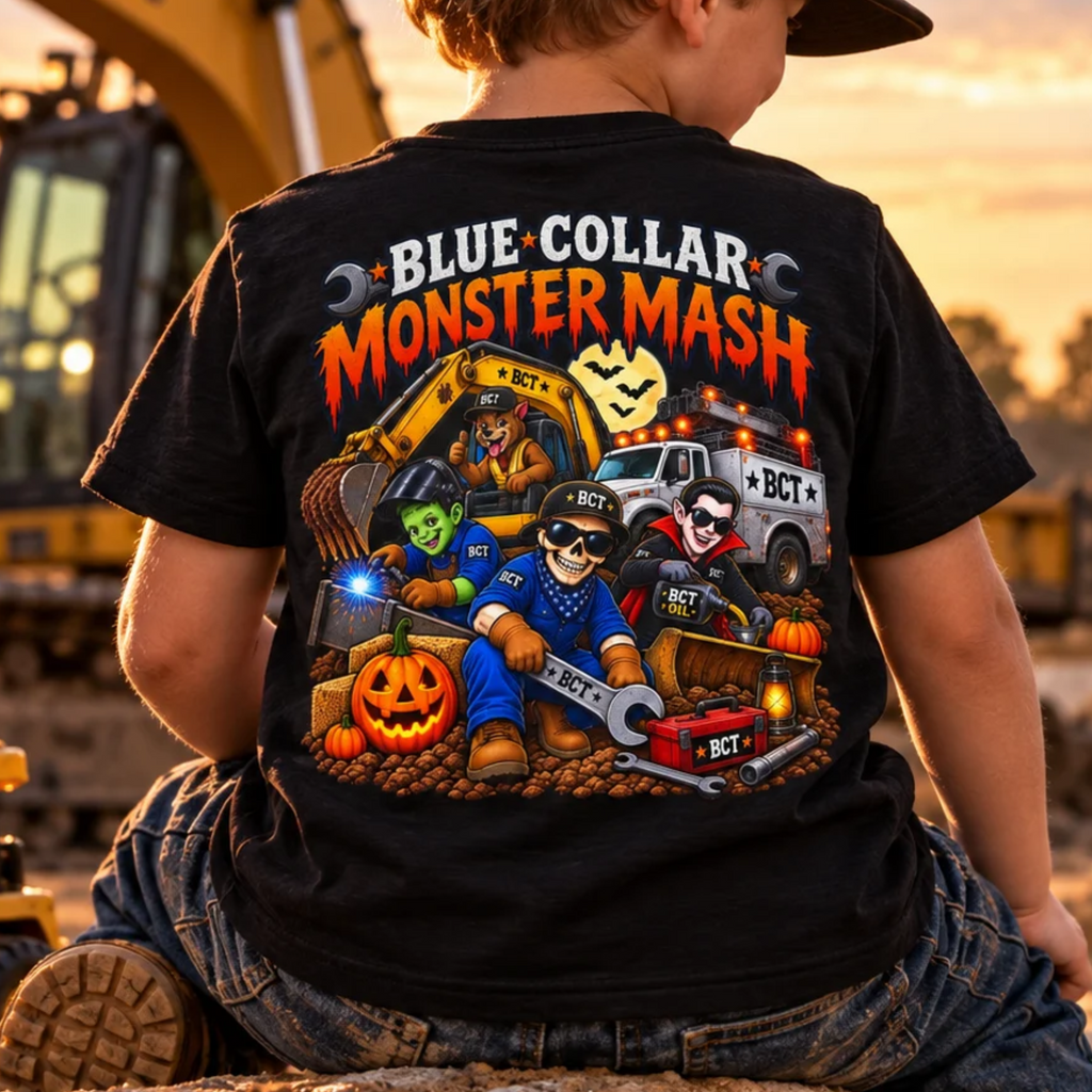 Blue Collar Monster Mash kids Halloween shirt with monster crew, excavator and jack-o-lantern on a black youth tee