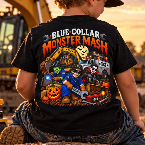 Blue Collar Monster Mash kids Halloween shirt with monster crew, excavator and jack-o-lantern on a black youth tee