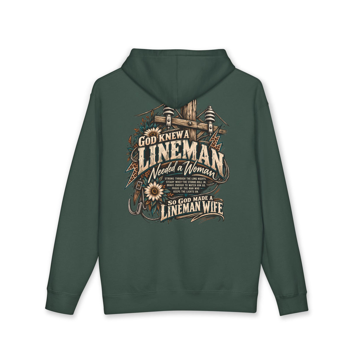 So God Made a Lineman Wife hoodie with power pole and sunflower back print