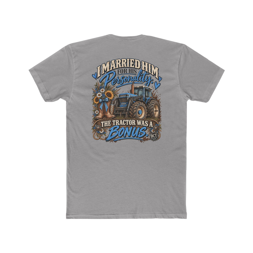 Farm wife tee with blue tractor, cowgirl boots and sunflowers by Blue Collar Trash