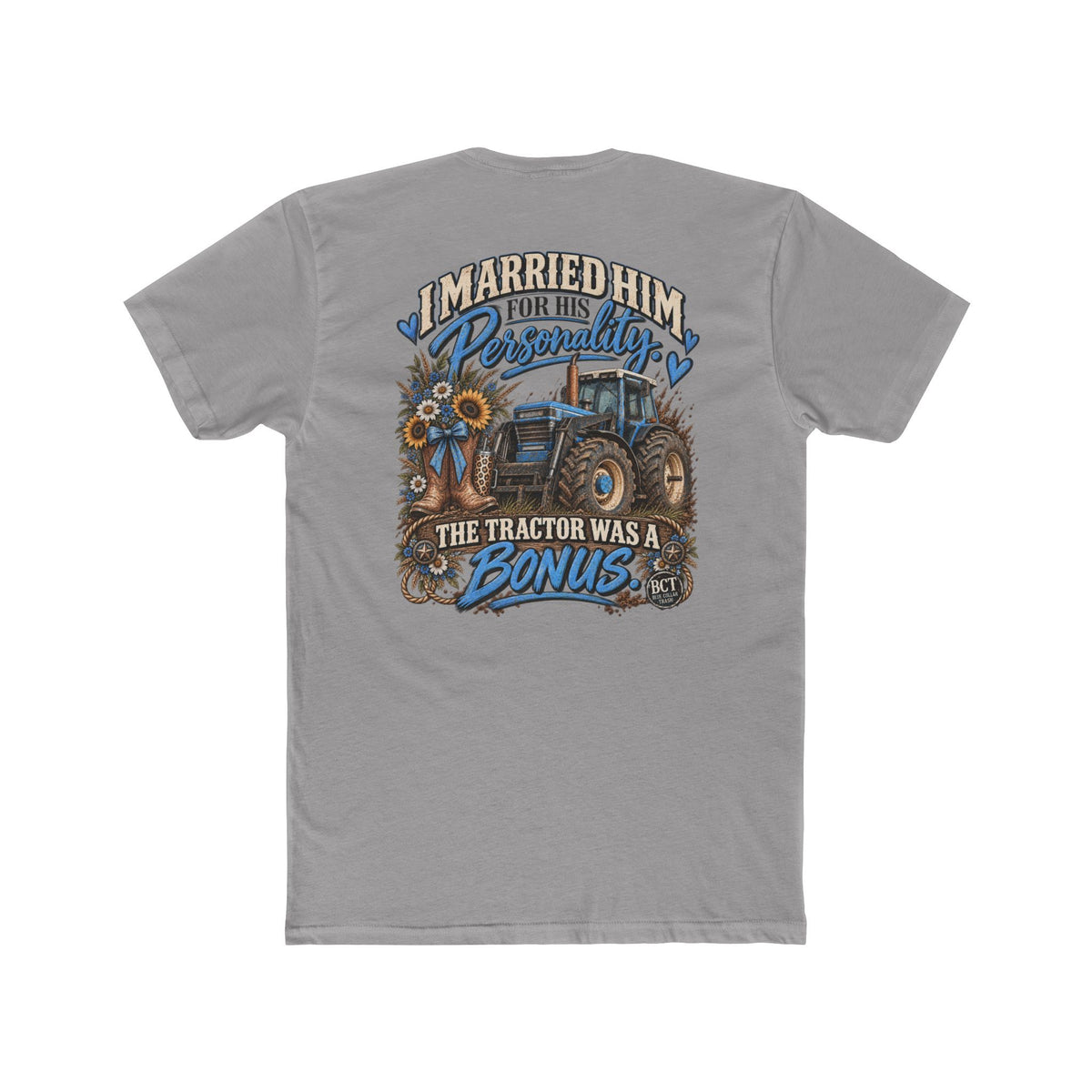 Farm wife tee with blue tractor, cowgirl boots and sunflowers by Blue Collar Trash