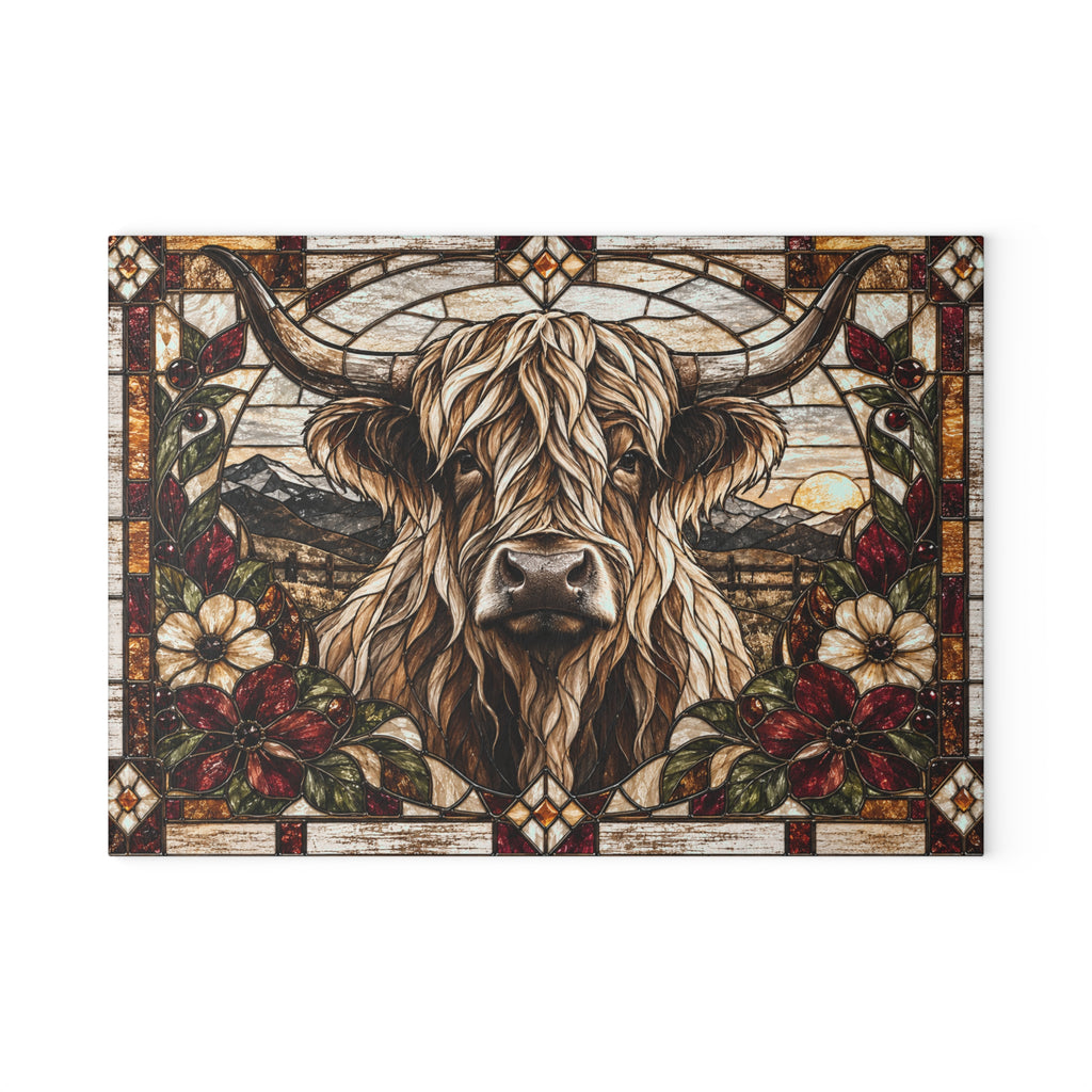 Farmhouse highland cow glass cutting board by Blue Collar Trash
