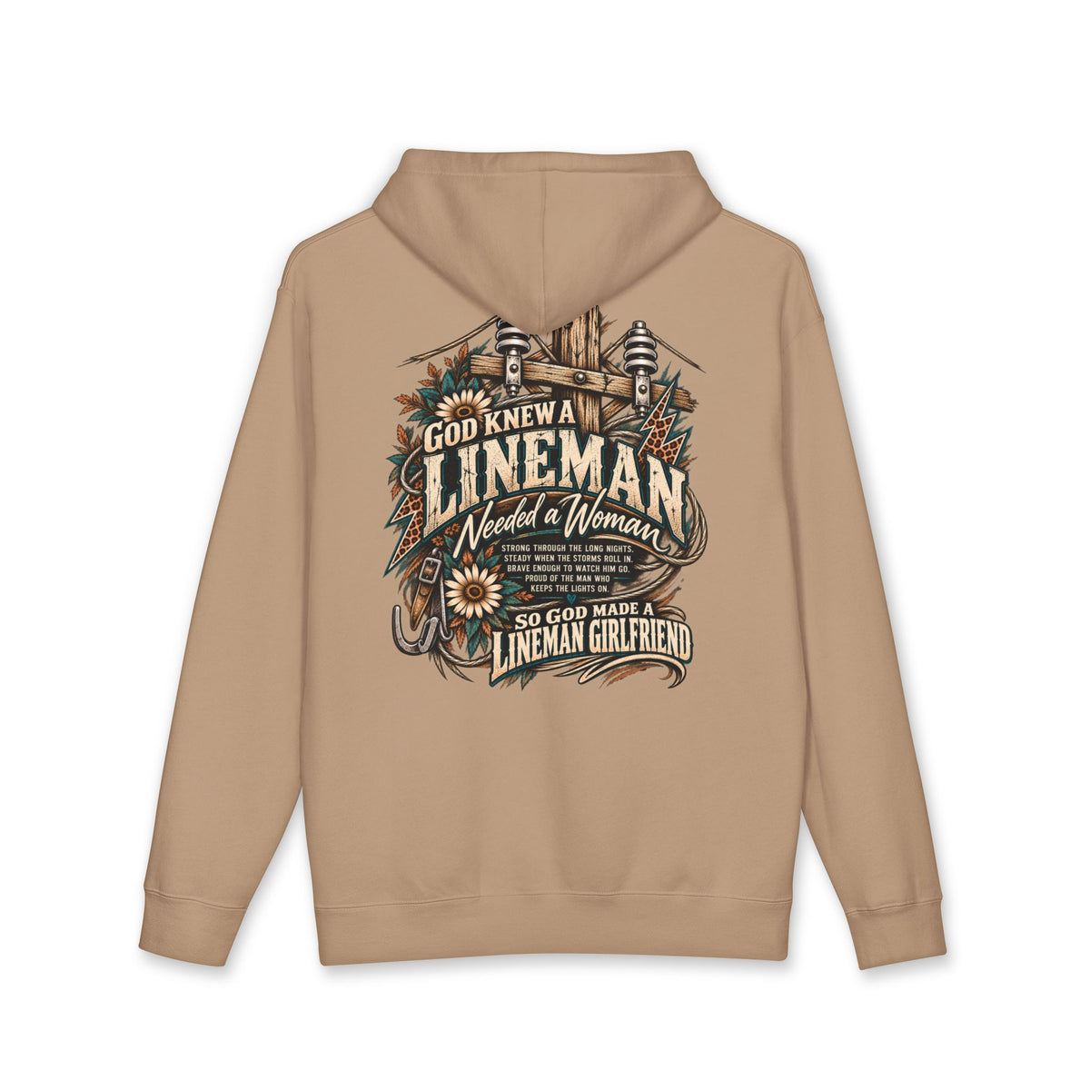 So God Made a Lineman Girlfriend hoodie with power pole and sunflower back print