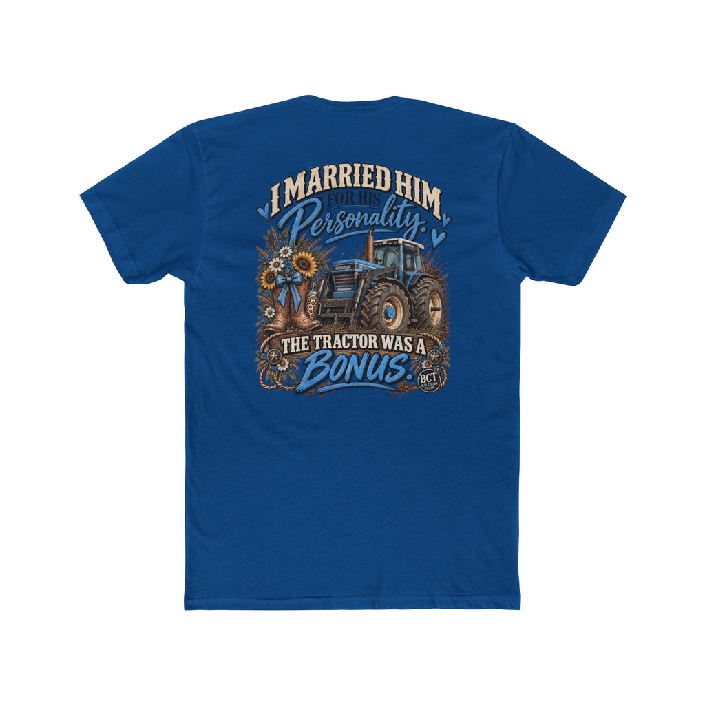 Farm wife tee with blue tractor, cowgirl boots and sunflowers by Blue Collar Trash