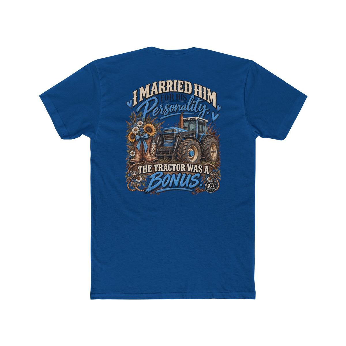 Farm wife tee with blue tractor, cowgirl boots and sunflowers by Blue Collar Trash