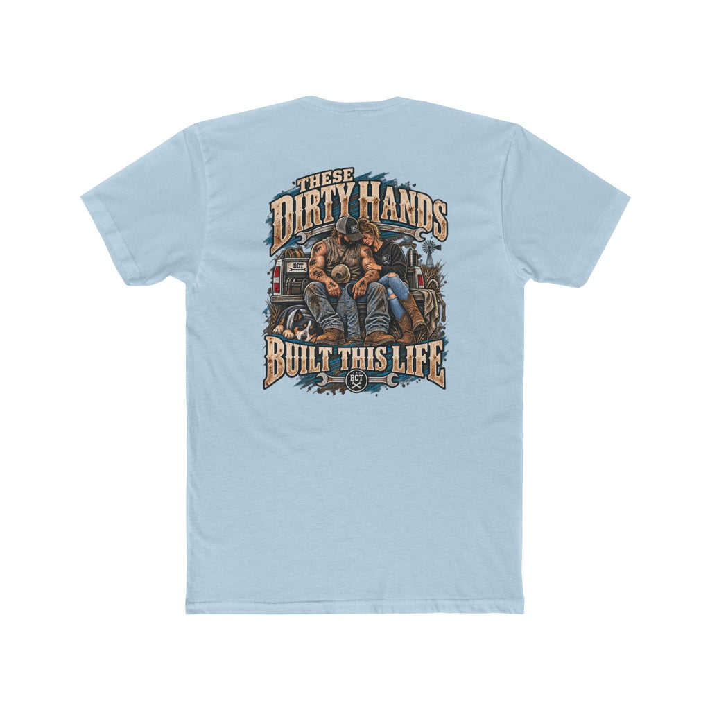These Dirty Hands Built This Life blue collar shirt with couple, truck and dog back print
