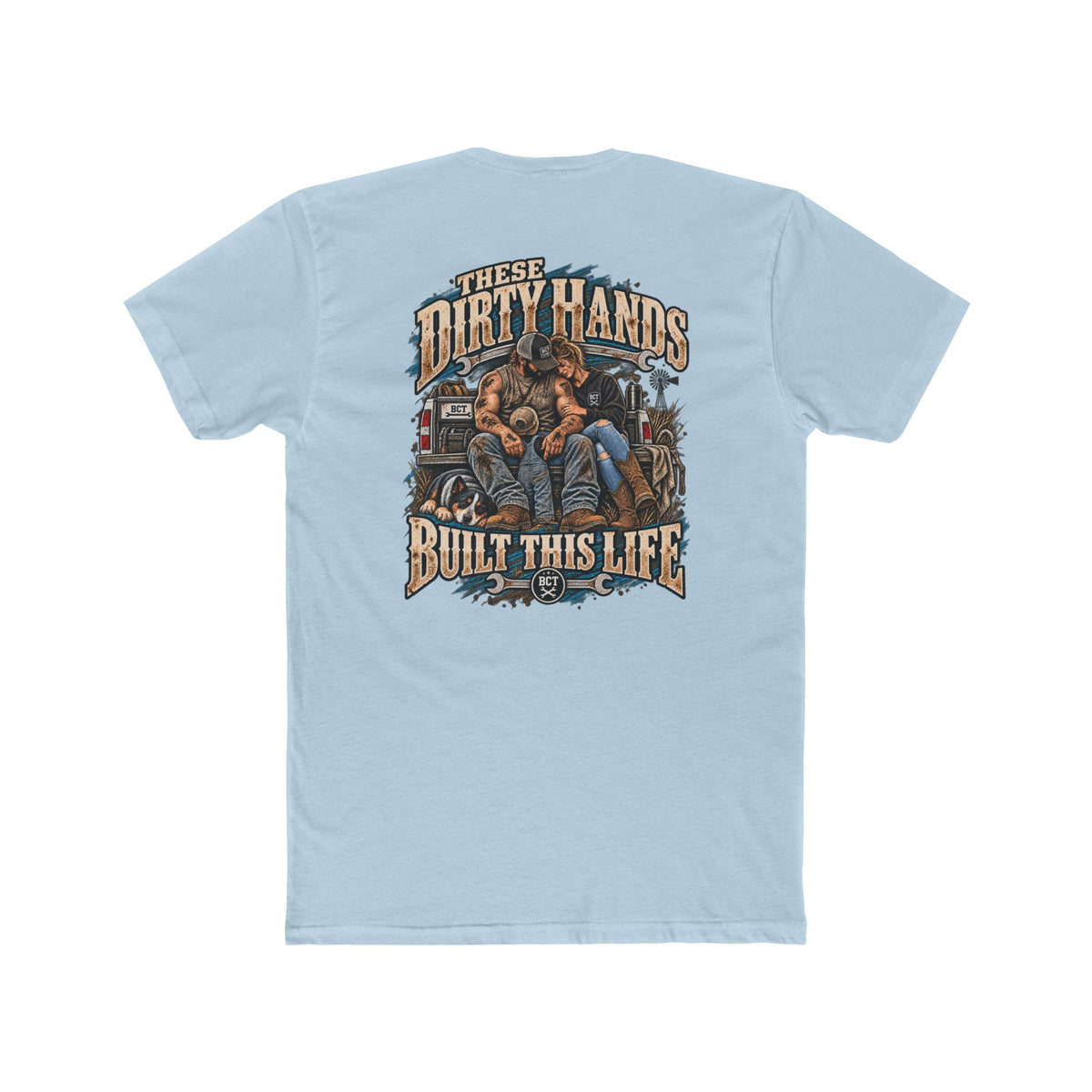 These Dirty Hands Built This Life blue collar shirt with couple, truck and dog back print