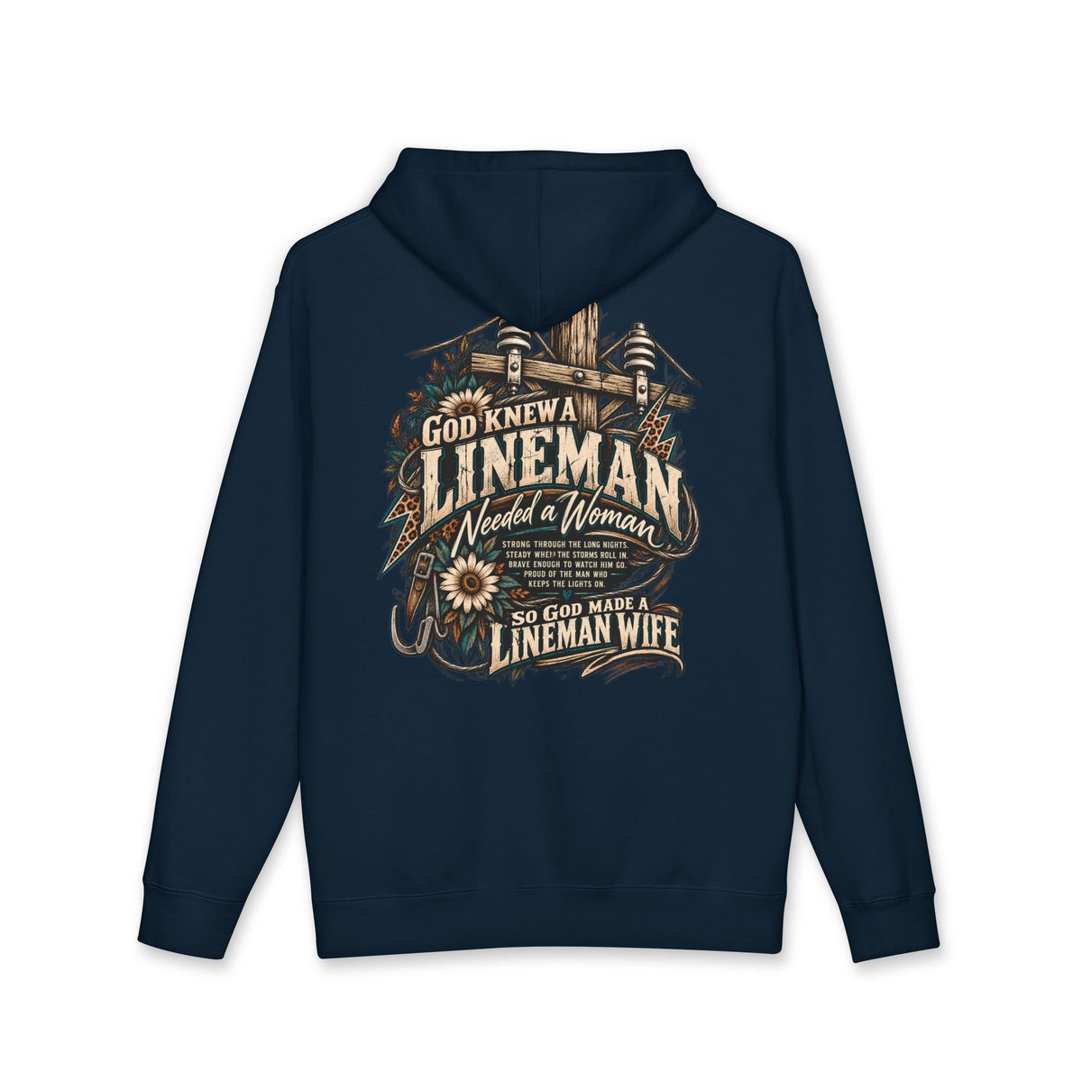 So God Made a Lineman Wife hoodie with power pole and sunflower back print