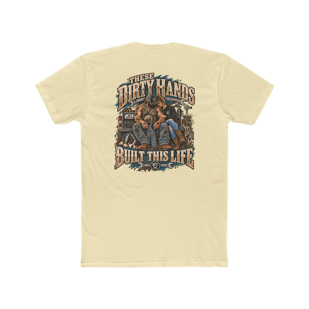 These Dirty Hands Built This Life blue collar shirt with couple, truck and dog back print