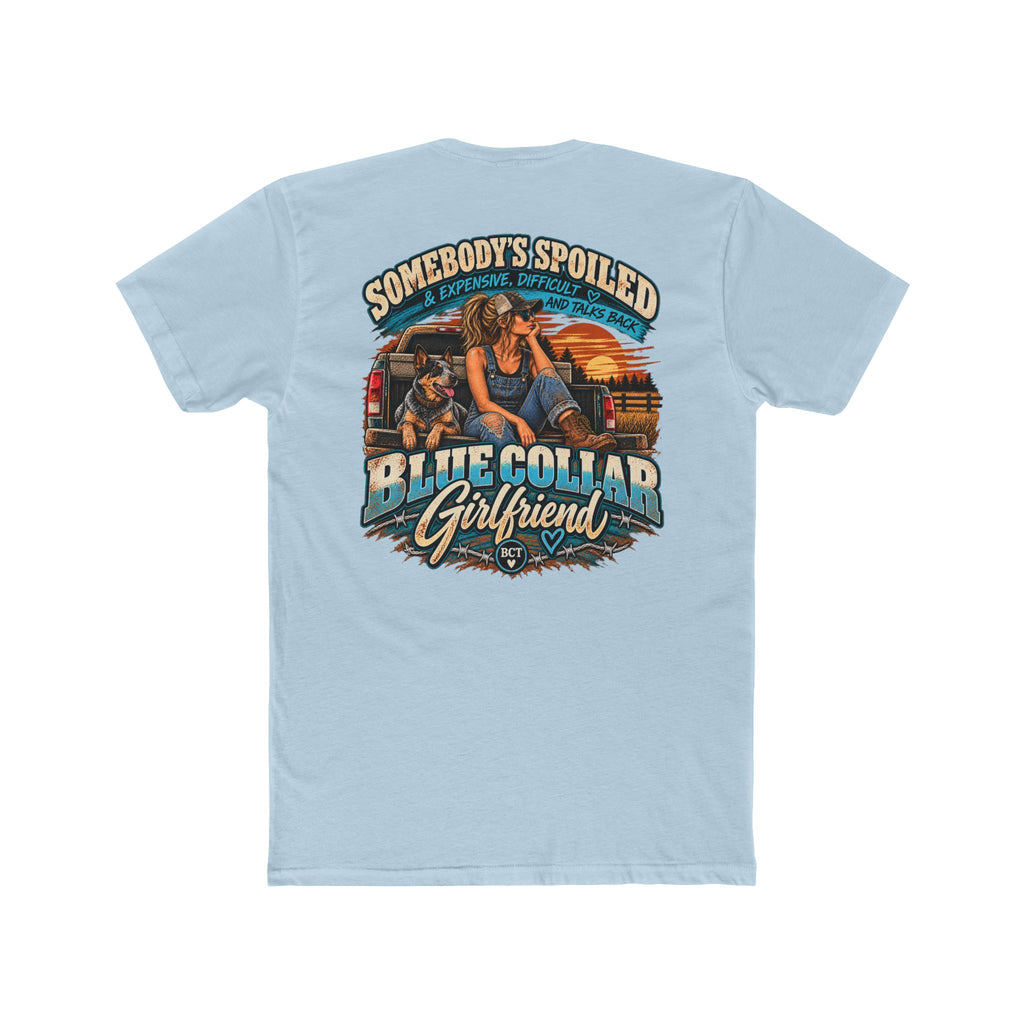 Somebody's Spoiled Blue Collar Girlfriend shirt with truck, blue heeler and sunset back print
