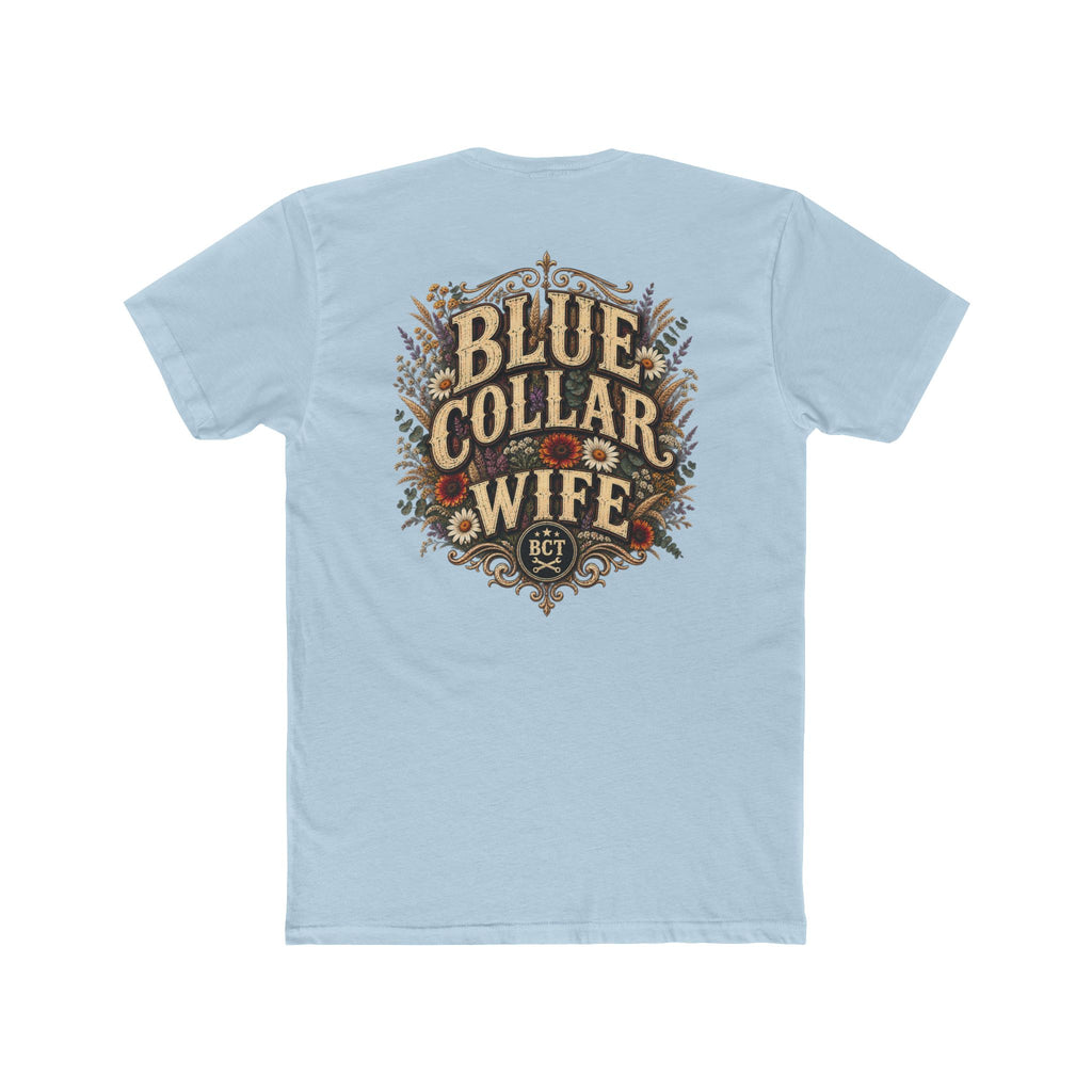 Spoiled Blue Collar Wife Funded by Overtime shirt with farm girl, chickens and sunflowers back print