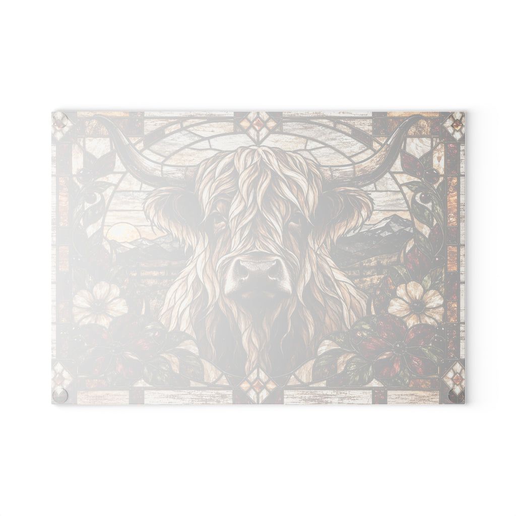 Highland cow stained glass style glass cutting board with burgundy flowers