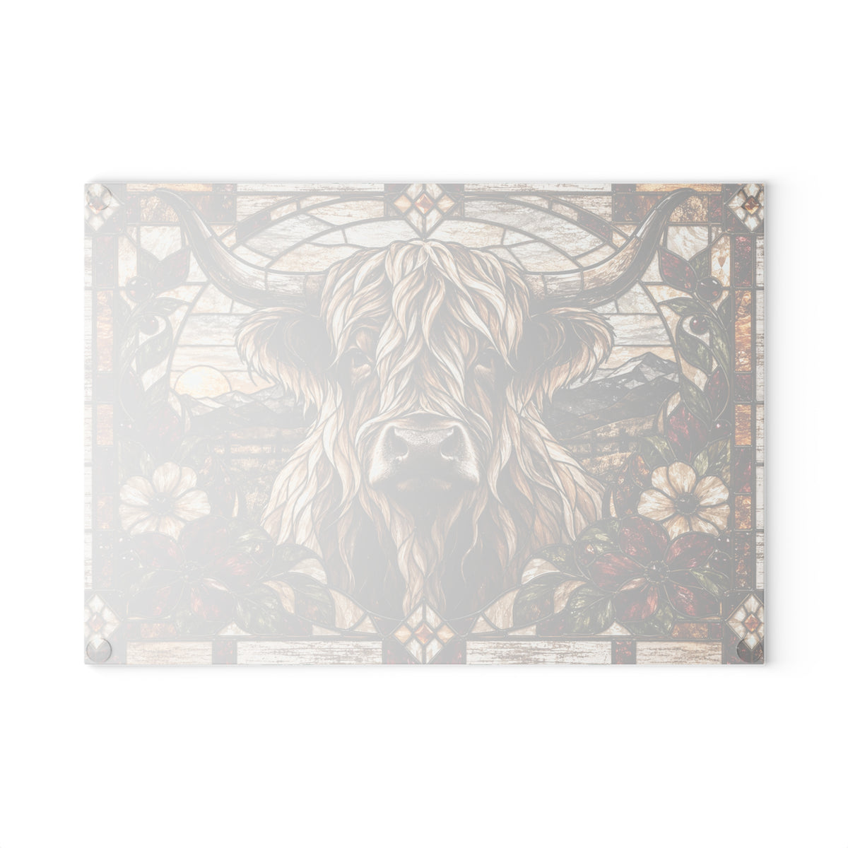 Highland cow stained glass style glass cutting board with burgundy flowers