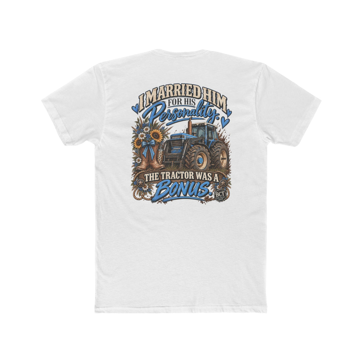 Farm wife tee with blue tractor, cowgirl boots and sunflowers by Blue Collar Trash