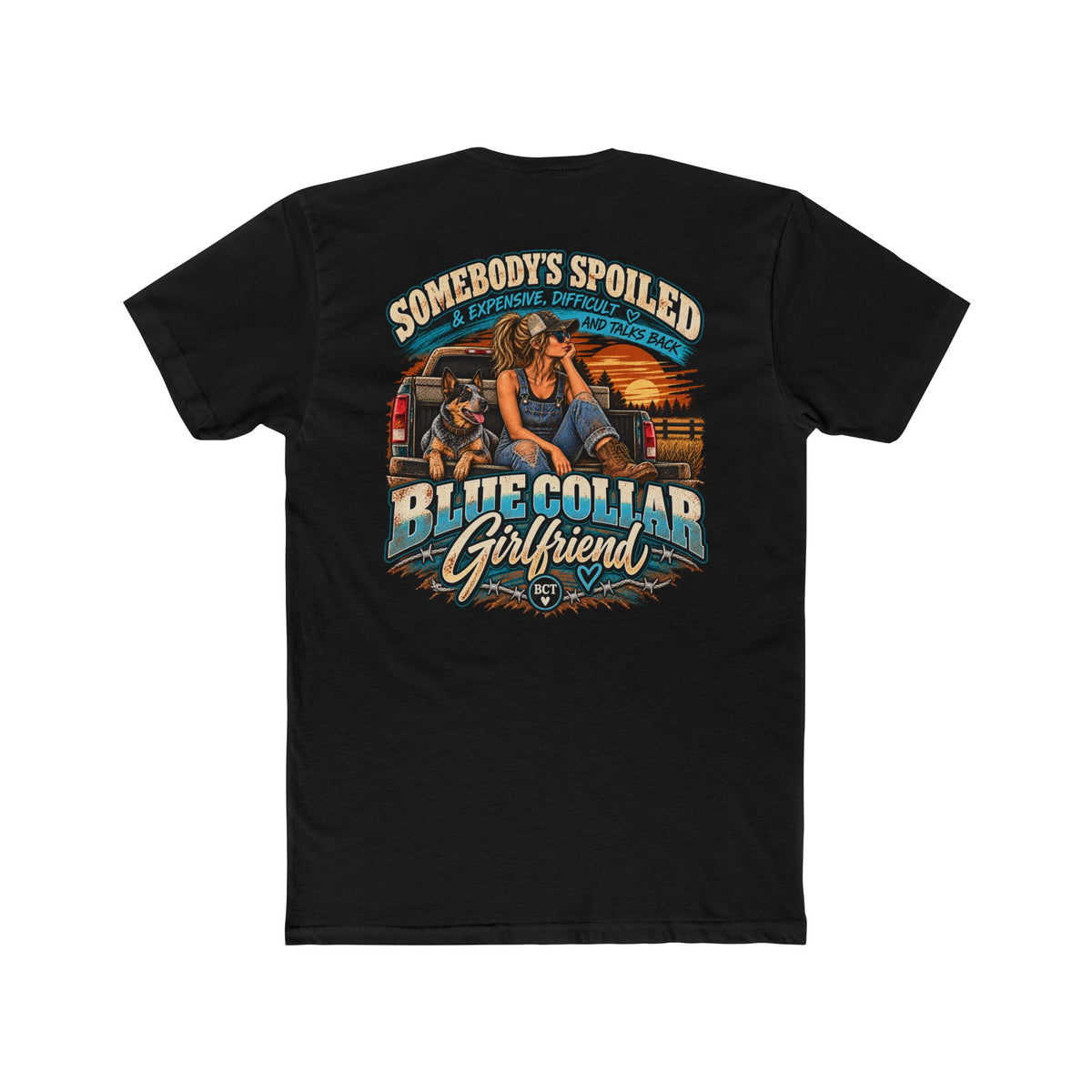 Somebody's Spoiled Blue Collar Girlfriend shirt with truck, blue heeler and sunset back print