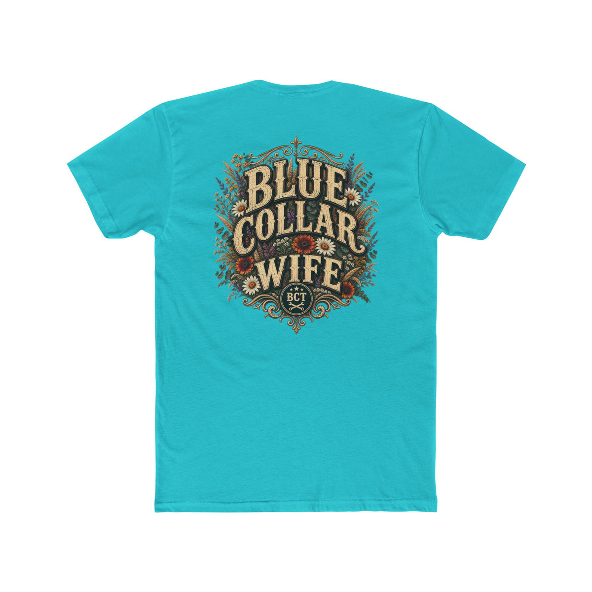 Spoiled Blue Collar Wife Funded by Overtime shirt with farm girl, chickens and sunflowers back print