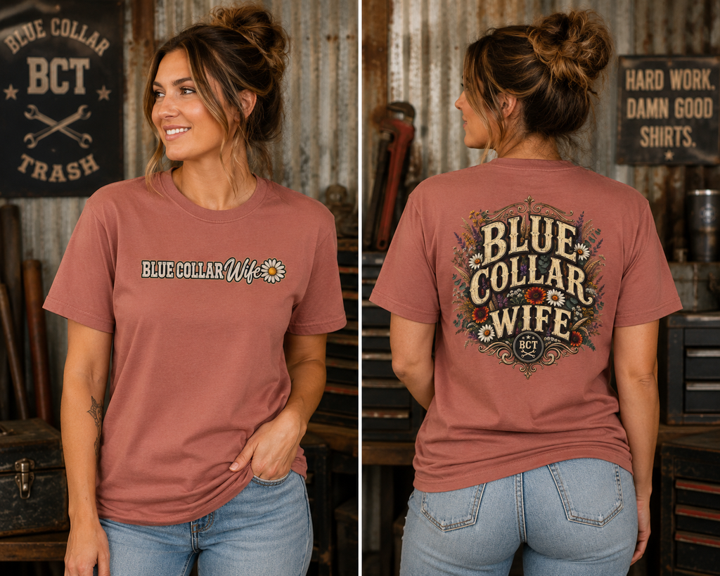 Spoiled Blue Collar Wife Funded by Overtime shirt with farm girl, chickens and sunflowers back print