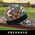Cow print daisy reversible welding cap with brown band, handmade western women's 8 panel welding hat