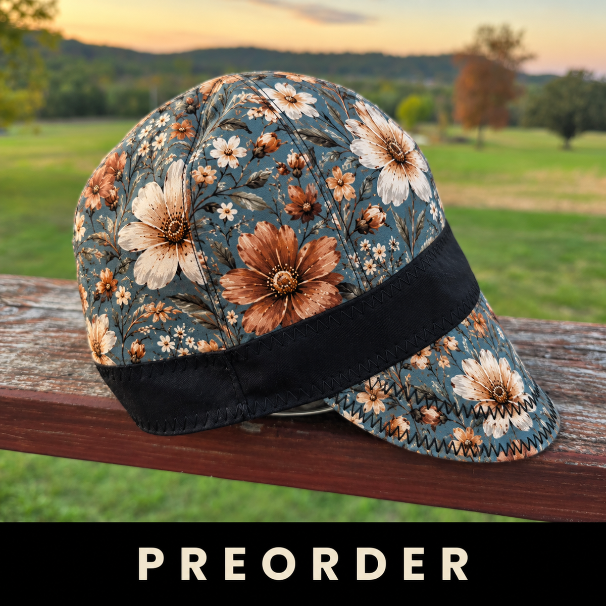 Cow print daisy reversible welding cap with brown band, handmade western women's 8 panel welding hat