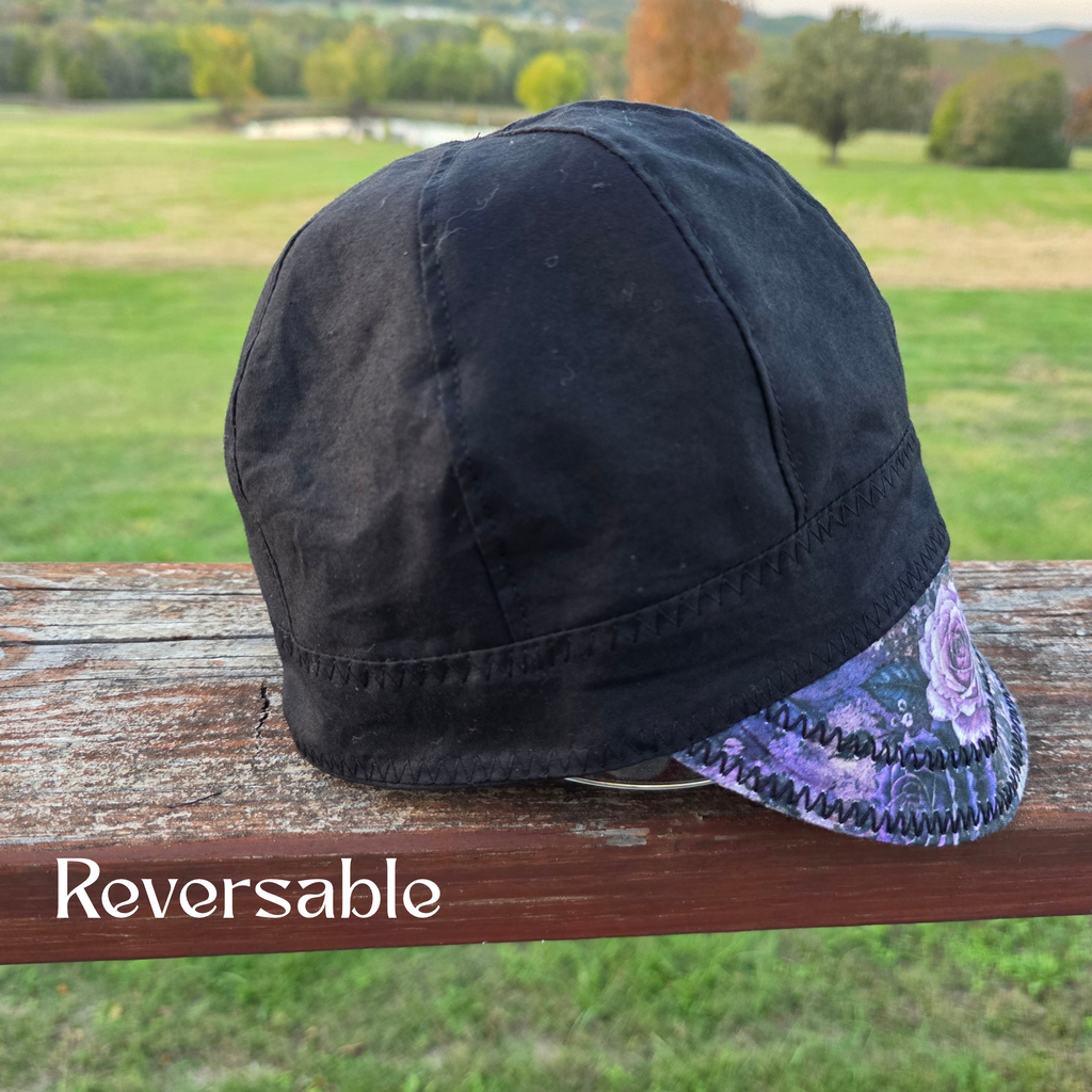 Purple rose welding cap side view, handmade 8 panel welding hat by Blue Collar Trash