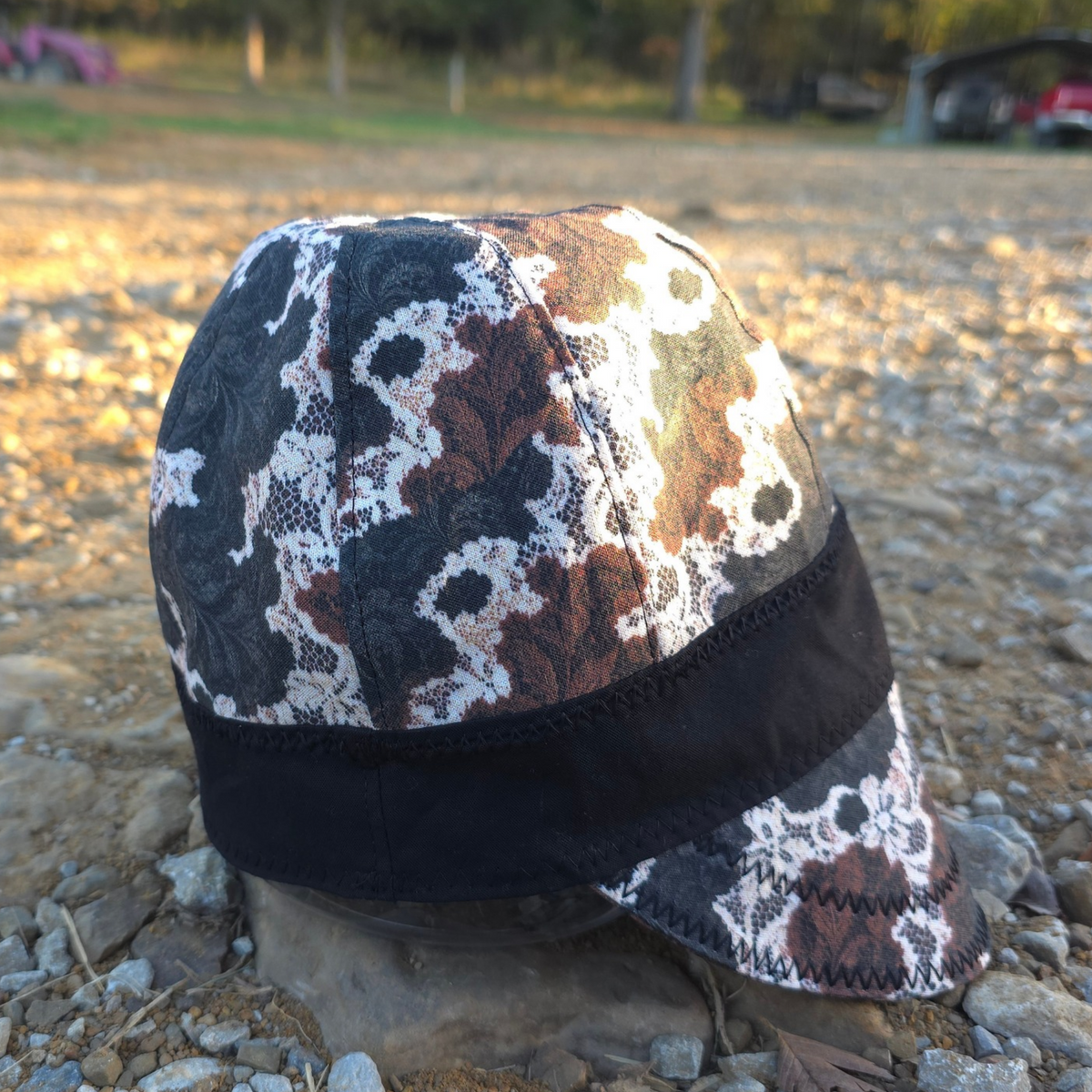Cowhide lace reversible welding cap with black band, handmade western women's 8 panel welding hat