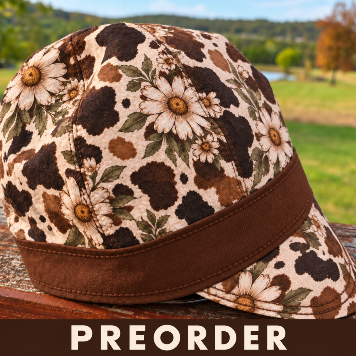 Blue wildflower reversible welding cap with black band, handmade women's 8 panel floral welding hat